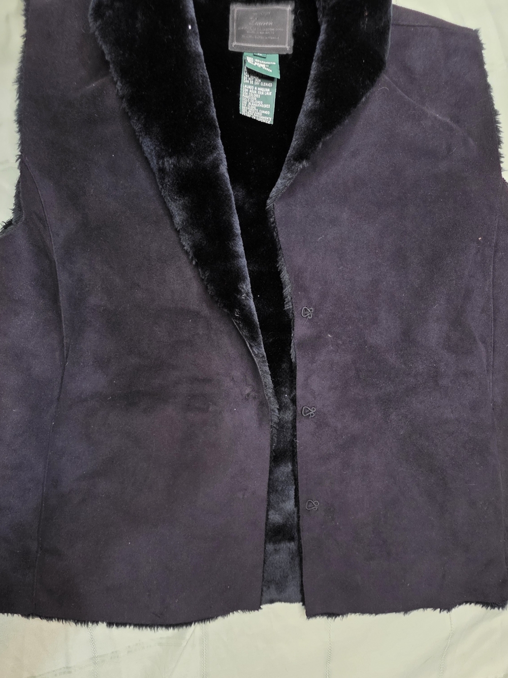 Lauren Ralph Lauren Black Faux Suede Faux Fur Lined Vest Hook Closure Size L